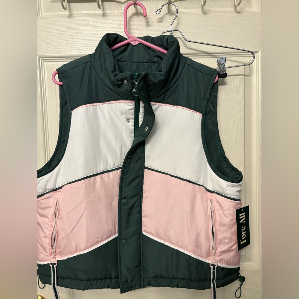 NWT Fore All Jackie Moon Green & Pink Women's Vest - Pink Chevron Sz Large $150